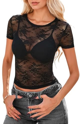 uinnossvc Damen Netzoberteil Durchsichtige Schwarze Bluse Sexy Durchsichtig Spitze Tops Rundhalsausschnitt Tank Tops Print Mesh Top Netzshirt Damen Netz Oberteil Frauen (M)