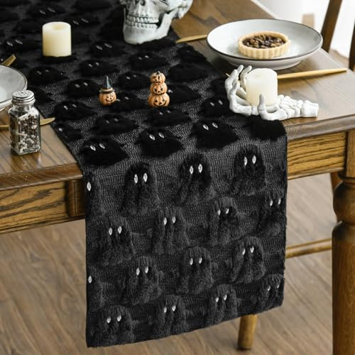 Artoid Mode Weich Plüsch Samt Faux Pelz Jacquard Schwarz Geist Halloween Tischläufer, Küche Tisch Dekoration Drinnen Urlaub Party Dekor 33x183 cm