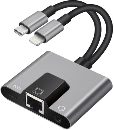 Enbiawit 2 in 1 Lightning and Type C to RJ45 Ethernet Adapter Network Adapter,with Charge Port and 3.5mm Audio Jack Support, Plug and Play, Supports 100Mbps Ethernet Network, Compatible with iPhone 15
