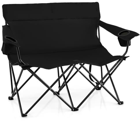 GOPLUS Campingstol, vikbar för 2 personer, fällstol, XXL, 2-sitsig upp till 300 kg, hopfällbar soffa med högt ryggstöd, mugghållare, bärväska, utomhusstol för camping, picknick, fiske (svart)