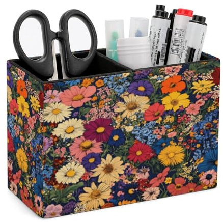 Quteprint Stifthalter, Stiftehalter für Schreibtisch-Organizer, Vintage, bunte Wildblumen, Frühling, PU-Leder, Stiftebecher, Schreibtisch-Aufbewahrung, Make-up-Pinselhalter, Stifte-Organizer für Büro