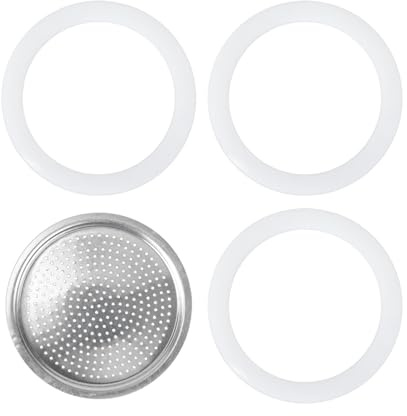 lasuroa Filtro con 3 Juntas, Filtro Aluminio Plateado Junta Silicona Blanca Repuestos Cafeteras para Bialetti Dama de 3 y 4 Tazas Venus Musa Kitty de 4 Tazas