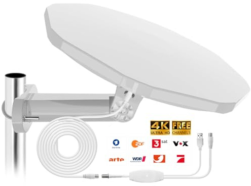 DVBT2 Antenna - Indoor Antenna DVB-T & DVB-T2 Antennas with Amplifier - for Indoor and Outdoor Use - Digital Antenna with Amplifier for Outdoor - 360° Reception Angle - Weatherproof, UV-Resistant