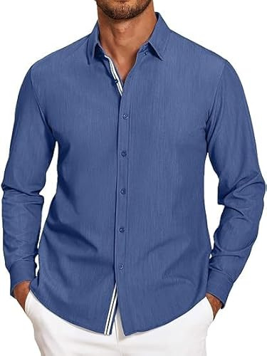 COOFANDY Camisas Casuales de Manga Larga con Botones para Hombre, Camisas elásticas para Negocios, Camisas Casuales de Moda, Corte Regular Azul Vaquero XL