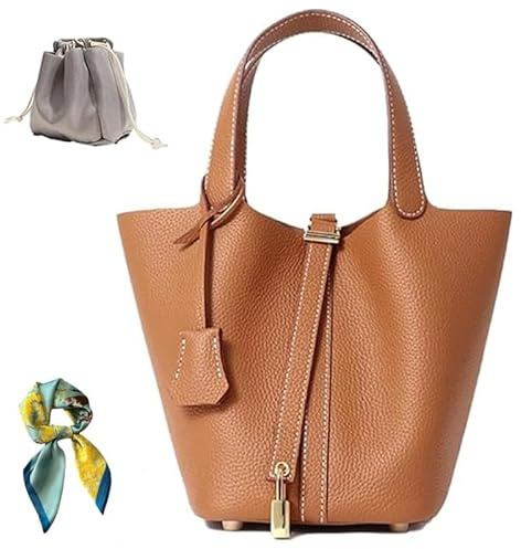 Genuine Cow Hide Leather Bucket Bag for Women with Functional Lock, Classic Designer Inspired Top-Handle Handbag, Small Hand-Carry Tote Purse (Brown)