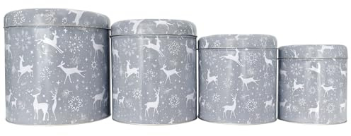 Brandsseller 4er-Set Weihnachtsdosen rund aus Metall – Plätzchendosen für Kekse, Gebäck & Geschenke – festliches Design – Lebensmittelecht, stapelbar Hellgrau Eissterne