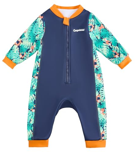 Gogokids Babyvåtdräkt 0–3 år småbarn termisk baddräkt, främre dragkedja babybaddräkt med fleecefoder långärmad sol och simskydd ung flicka för simning, strand och vattenlek