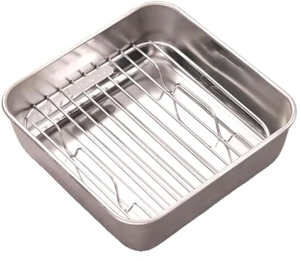 VNLCPX Moldes Cuadrados para Ttartas, Moldes Air Fryer de Acero Inoxidable con Parrilla, Recipiente Air Fryer para Brownie Lasaña y Pasteles, Apto para Lavavajillas y Horno, 16 × 5 cm, Plateado