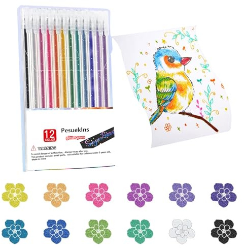 Pesueklns Glitter Markers Pen Glitter Colors Shimmer Marker Fine Tip Water-based Ink for Kids Adults DIY Crafts Birthday Cards Making Outline Markers Pen Set for Drawing (1, 12colors)