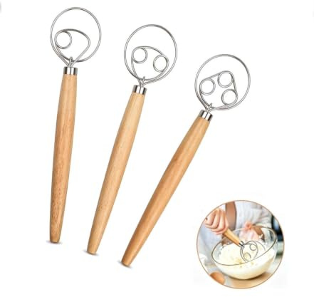 Voxlara 3 Piezas Batidor Manual con Mango de Madera, Batidor de Masa Danés y Holandés, Batidor de Huevo, Batidor Doble Agujero, Amasadora Manual con Mango de Madera para Batir Huevos y Masa, 3 Tamaños