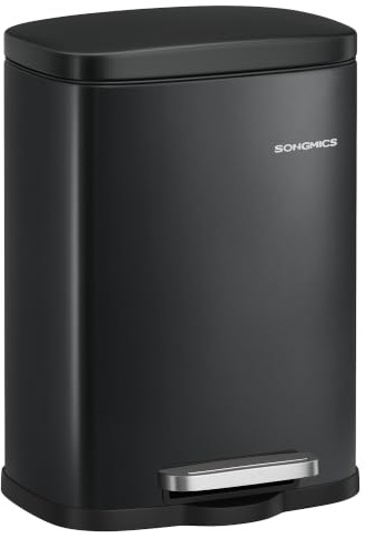 SONGMICS Cubo de Basura con Pedal, Papelera de Baño de Acero, 5 L, Cierre Suave, con Cubo Interior Extraíble, 29,3 x 21,5 x 18,7 cm, Negro, para Baño, Colección Plushic LTB005BZ02