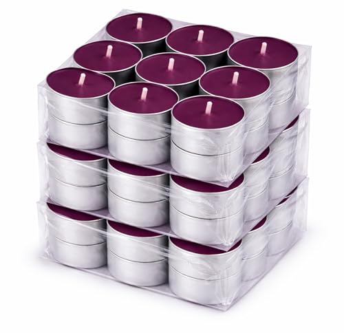 HS Candle Velas perfumadas de té, 54 unidades, aroma a mora, aprox. 4 horas de combustión, velas de cera redondas, diámetro de 4 cm, fabricadas en la UE, para interior y exterior