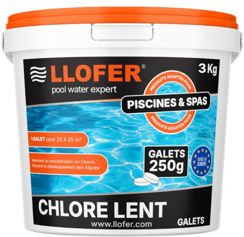Galets de Chlore Lent 250g - Haute Teneur en Chlore (90%) - Seau de 3kg - chloration permanente hautement Efficace Contre Les bactéries, fabriquer en Europe