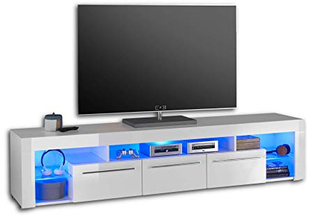 GOAL, Credenza bassa in bianco lucido, illuminazione blu a LED, mobile base TV molto capiente e di qualità ottima, per il vostro soggiorno, 200 x 44 x 44 cm (L x A x P)
