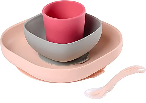 BÉABA - Set Pappa in Silicone, 4 Pezzi : Piatto + Scodella + Ciotola + Cucchiaino Svezzamento, Antiscivolo : con Ventosa, per Bambini e Neonato, Rosa