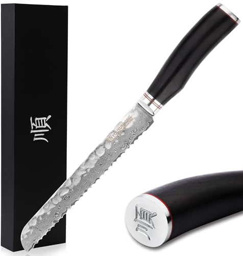 YOUSUNLONG Couteau à Pain Dentelé - 8''(203mm) - Couteau Deli - Acier Damas Japonais Martelé - Trancheuse à Pain - Couteau à Trancher - Manche en Bois d'Ebène Naturel