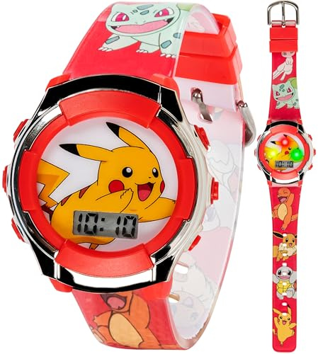 Accutime Kids Pokemon Pikachu Digital LCD Quartz Red Wrist Watch with Red Strap, Cool Inexpensive Gift & Party Favor for Boys, Girls, Adults All Ages (Model: POK4238AZ)