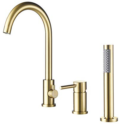 Bathtub Taps with Shower Mixer Brass, Bathroom Sink Faucet 3 Hole, Contemporary Roman Tub Ceramic Valve Bath Shower Mixer Taps Single Handle Three Holes Bathtub Taps Set,Gold