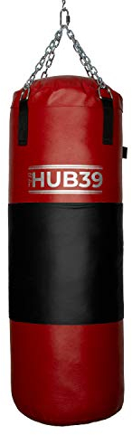 Hub39 Boxsack, Vollleder, 40 kg, Boxsack, Länge: 100 cm, Voll-Boxsack, 40 kg (rot, schwarzes Band)