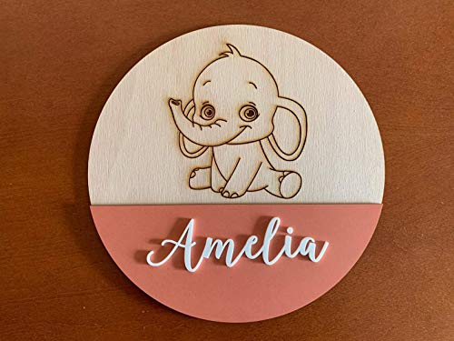 Namensschild Elefant, personalisiert für Baby und Kind, Türschild, Holz Schild, Kinderzimmer Wanddeko, Individueller Schriftzug Baby-Name, Geschenk für Mädchen, Babyzimmer Deko Wandschild, Kindernamen