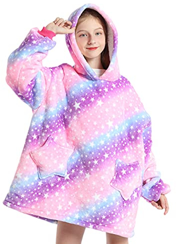 Wenlia Stor filt med huva för barn, mode sherpa huvtröja nyhet sweatshirt för flickor, supervarm flanell bärbar vardaglig TV-filt med ficka och ärmar – present till dotter, Lila,