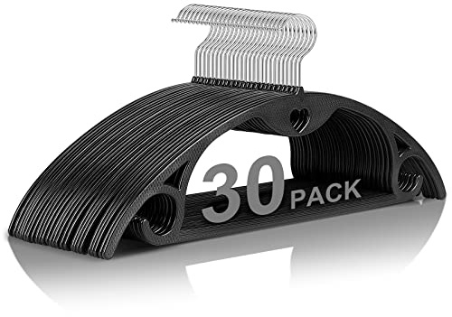 Plastic Hangers - Black Clothes Hanger No Shoulder Bumps & 360°Swivel Hook, Thin, Space Saving for Closet, Non Slip, Fit for Suits Pants Heavy Duty Adult Coat - 30 Pack