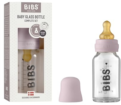 BIBS Baby Glass Bottle 110ml, Vermindert Koliken, Runder Sauger aus Naturkautschuklatex, Unterstützt das Stillen. Complete Set - 110 ml, Dusky Lilac