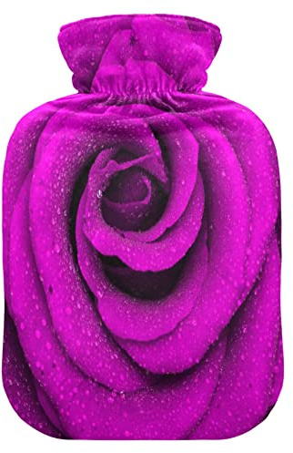 Mnsruu Purple Rose Flower Raindrop Hot Water Bottle with Velvet Cover, 1L Transparent Hot Water Bag for Hand Pain Relief Hot Cold Therapy Cramps