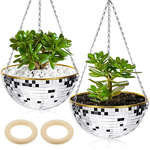 2 Stück 25,4 cm hängende Discokugel-Pflanzgefäße mit Kette Home Boho Hängende Pflanzgefäße Discokugel Pflanzenhänger Spiegelkugel Blume Sukkulenten Pflanztöpfe für Wand Innen Außen Pflanzen Halter