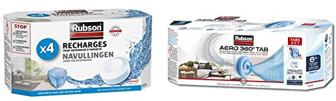 Lot de 2 produits Rubson - Recharges Tab Basic, Recharges anti-humidité et anti-odeur neutres, 4 recharges & AERO 360° TAB, recharges en tabs neutres pour absorbeur d'humidité, 6 x 450 g