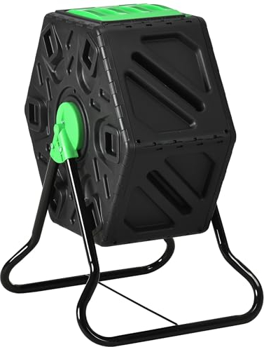 Outsunny 65L Compost Bin for Garden, 360° Tumbling Composter with Steel Base, Single Door and 24 Ventilation Openings, Green and Black