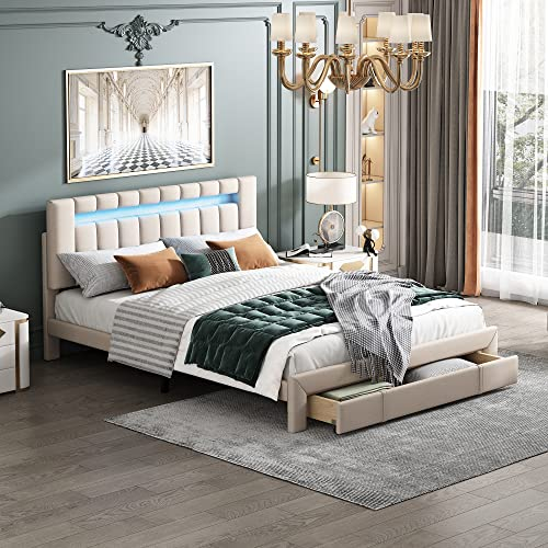 KecDuey 140 x 200 cm Polsterbett mit LED-Beleuchtung, Schubladen, Lattenrost, hautfreundliche Bettwäsche Beige Bett Doppelbett Jugendbett (ohne Matratze)