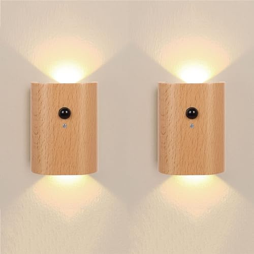 Holz Akku Wandleuchte mit Bewegungsmelder Innen LED Kabellose Wandlampe USB Aufladbar Wand Nachtlicht Up Down Sensor Wandbeleuchtung 3000k Warmeslicht Magnetische Flurlampe Treppenlampe,2 Stück,A