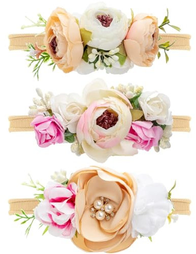 DRESHOW 3 Stück Baby Mädchen Nylon Stirnbänder Blume elastisches Haarband Schleifen Haarschmuck für Neugeborene Kleinkinder