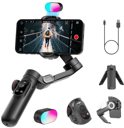 Professional Gimbal Stabilizer for Smartphone,RGB Magnetic Refill Light,OLED Display LED Light,face Tracking,Gesture Control,Professional 3-axis stabilizer for Android &iPhone, AOCHUAN XPRO KIT Black