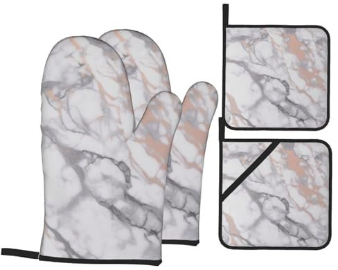 Ofenhandschuhe und Topflappen mit weißem Marmor-Roségold-Druck, hitzebeständig, Küchenzubehör zum Kochen, Backen und Grillen