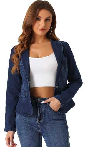 Allegra K Damen-Jeansjacke, kragenlos, langärmelig, Ein-Knopf-Blazer, kurzer Jeans-Blazer, Tiefes Blau, XS