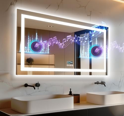 LUVODI Badspiegel mit Bluetooth 120x60cm: Beleuchtet Wandspiegel mit Uhr Lichtspiegel Kosmetikspiegel Flur Spiegel, Dimmbar 3 Farbtemperaturen, Antibeschlag, Speicherfunktion, IP56