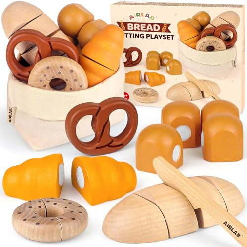 Airlab Kinderküche Spielküche Zubehör aus Holz, Küchenspielzeug Schneiden Brot Kinder, Bäckerei Spielzeug Lebensmittel Holz mit Klett-Verbindung, Holzspielzeug Küche Pädagogisches Rollenspiel Geschenk