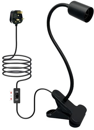 LQUNFYL Clip on Light Bulb Holder with 240CM Cable, 10MM Thick Adjustable Gooseneck, E27 Lamp Holder with Switch, Clip on Lamp for Bed, Flexible Clamp Lamp, Clip Light for Desk Reading, Black