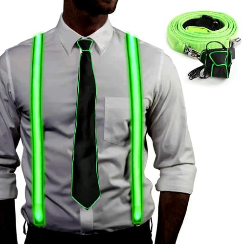 Mstnoixgc Leuchtende Hosenträger und Fliege, Grün LED Hosenträger, LED Fliege Herren, Party Accessoires für Musikfestivals, Halloween, Kostümpartys, Weihnachten, Barpartys