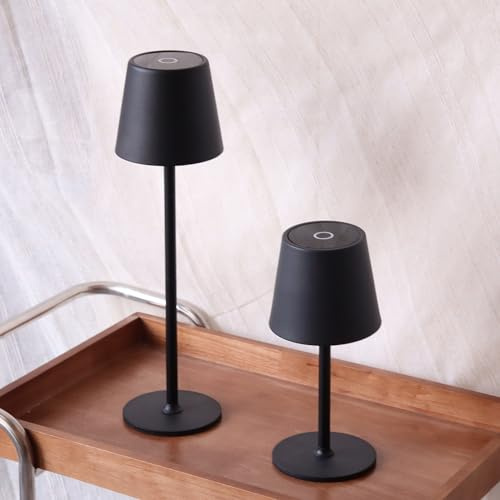 DILUMEN 2 Stück Akku Tischlampe dimmbar kabellos,Metall,IP44,Schwarz | 4600mAh Wiederaufladbar USB-C, Touch Control Nachttischlampe, IP44 Wasserdichte für Innen und Außen, Terrassen, Restaurants