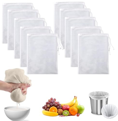 Nut Milk Bag, 10 Pack Food Grade Nylon Cheese Cloths for Straining, 11.81x7.87 Inch Fine Mesh Strainer Bag for Nut Milk, Yogurt, Juice, Cooking and Cold Brew