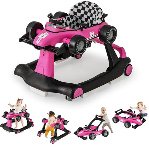 RELAX4LIFE Girello per Bambini 6 in 1 con Luci e Suoni, Vassoio Giocattolo Rimovibile, 2 Velocità Ruote e 3 Altezze Regolabili 50,5/53,5/55,5 cm, Portata 12 kg (FUCSIA INTENSO)
