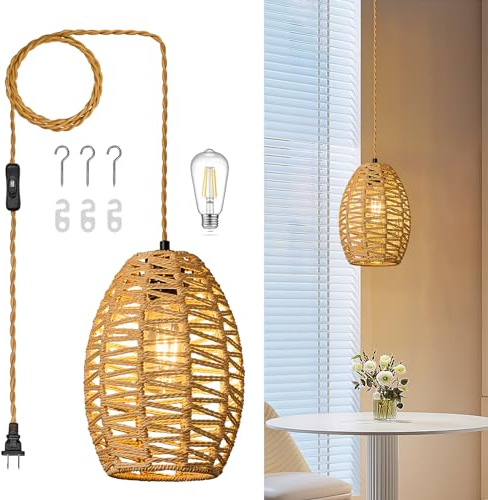 ZPBSJ Ratán Lámpara Colgante Boho Marrón de Altura Ajustable - Cesta E27 Para Dormitorio, Sala de Estar y Casa de Campo (1-Paquete)