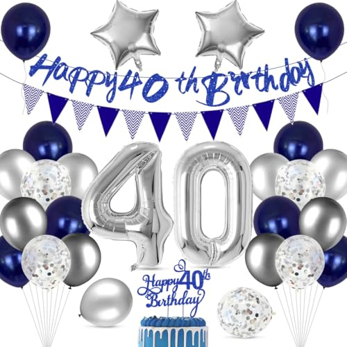 Cadimus 40. Geburtstag Ballon Set,Happy Birthday Ballon Dekoration,40 Geburtstag Blau Silber Luftballons,Happy Birthday Folienballon 40, 40 Jahre Männer Frauen Party Deko