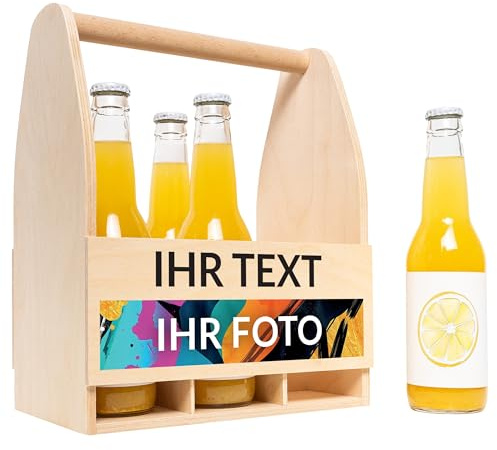 Creative Deco Flaschenträger Holz Personalisierte Geschenke Wunschtext Foto | Fotogeschenke Dein Eigenes Bild Bierträger für 6 Bierflaschen Flaschenhalter Männerhandtasche Geschenkbox für Männer
