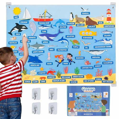 BONNYCO Pizarra de Fieltro con 107 Figuras Animales Marinos. Juguetes Niños Montessori, Regalos para Niños 3 a 8 Años. Panel Sensorial Autismo, Juegos Educativos Infantiles Navidad
