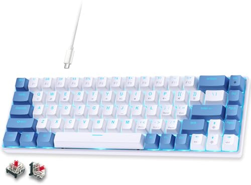 abucow 65% Mechanical Gaming Keyboard, Red Switch Wired 68 keys Compact Keyboard with Blue Backlight, Swappable Blue White Keycaps, for Windows/Mac (White-Blue)