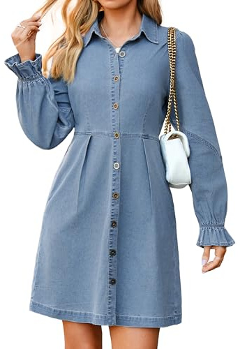 Simplee Denim Dress for Women Blue Jean Dresses 2025 Mini Fall A Line Cocktail Country Concert Western Outfit with Pockets(Denim Light Blue L)